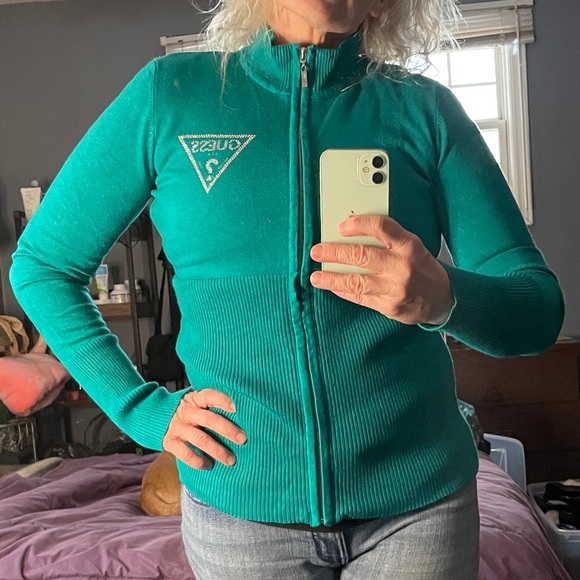Sweater/Top, GUESS Turquoise Zip-Up GUESS Logo in crystals. 
Dressy lil Sweater - Picture 8 of 15
